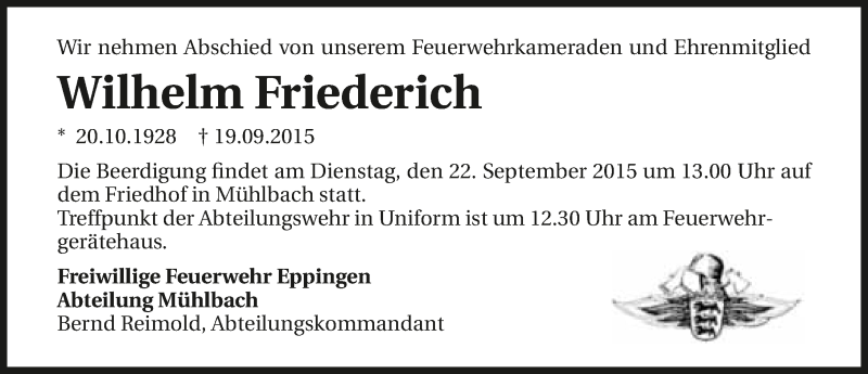  Traueranzeige für Wilhelm Friederich vom 21.09.2015 aus 