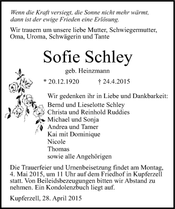 Traueranzeige von Sofie Schley 