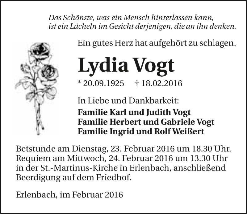  Traueranzeige für Lydia Vogt vom 22.02.2016 aus 