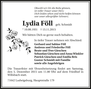 Traueranzeige von Lydia Föll 