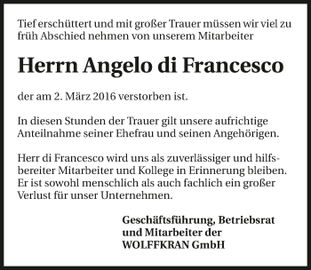 Traueranzeige von Angelo di Francesco 