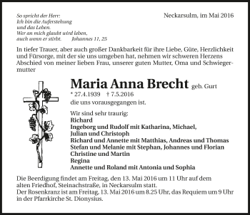 Traueranzeige von Maria Anna Brecht 