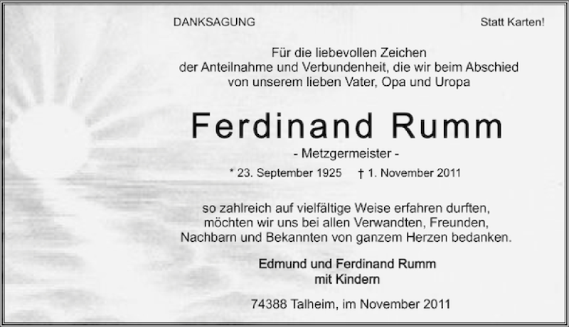  Traueranzeige für Ferdinand Rumm vom 24.11.2011 aus 