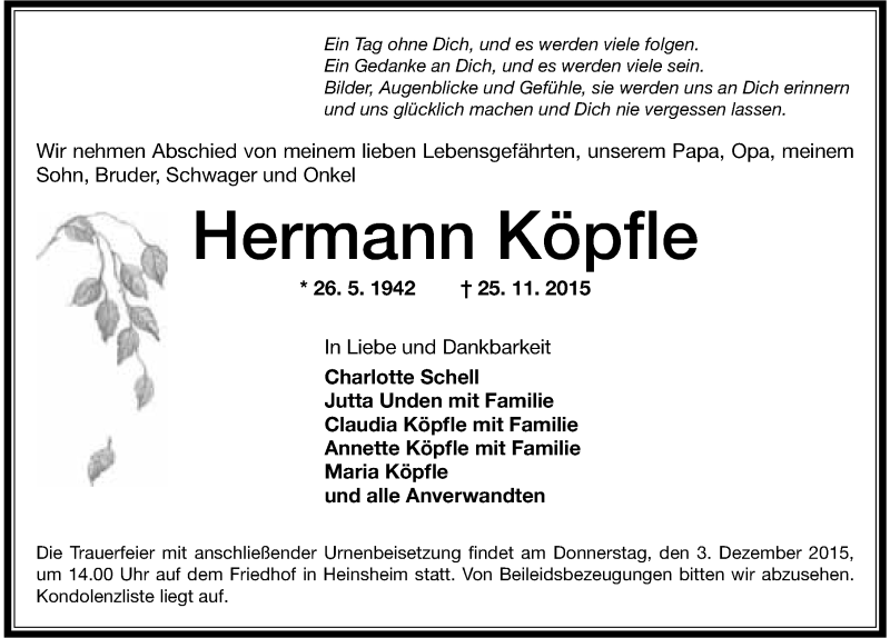  Traueranzeige für Hermann Köpfle vom 28.11.2015 aus 