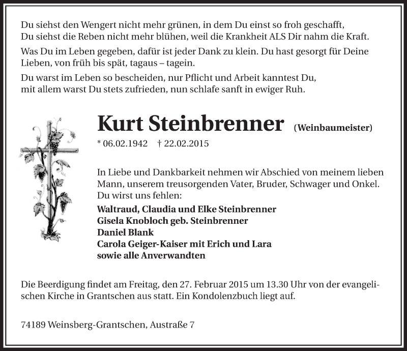  Traueranzeige für Kurt Steinbrenner vom 24.02.2015 aus 