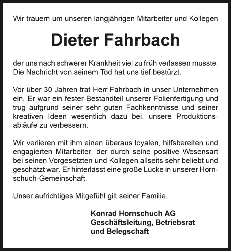  Traueranzeige für Dieter Fahrbach vom 13.08.2015 aus 