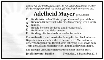 Traueranzeige von Adelheid Mayer 