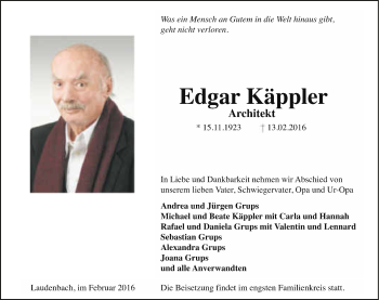 Traueranzeige von Edgar Käppler 