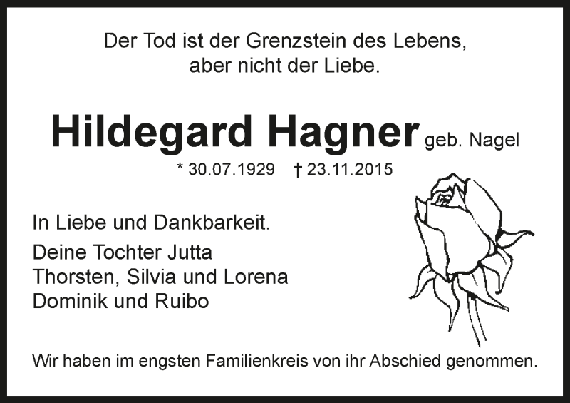 Traueranzeige für Hildegard Hagner vom 05.12.2015 aus 