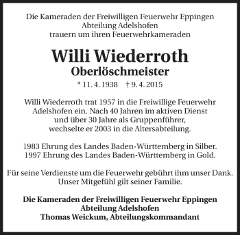 Traueranzeige von Willi Wiederroth 