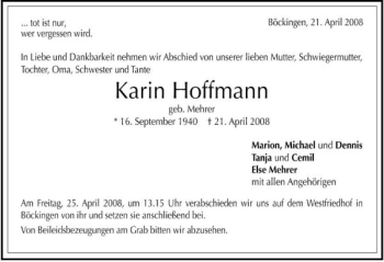 Traueranzeige von Karin Hoffmann 