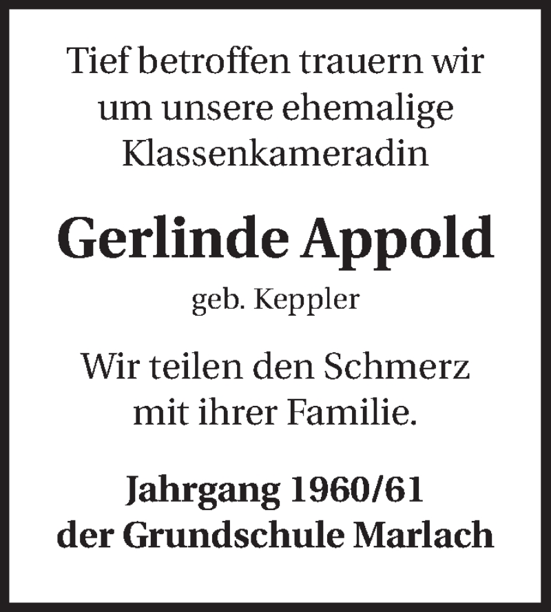  Traueranzeige für Gerlinde Appold vom 12.02.2015 aus 