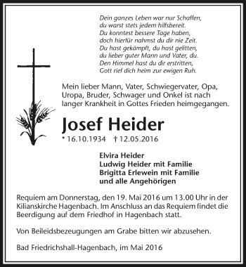 Traueranzeige von Josef Heider 