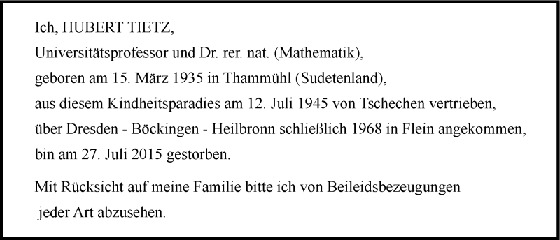  Traueranzeige für Hubert Tietz vom 01.08.2015 aus 