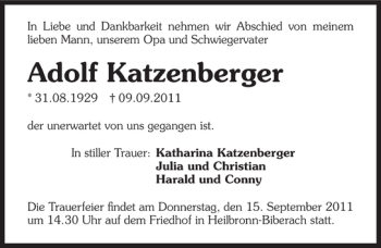 Traueranzeige von Adolf Katzenberger 