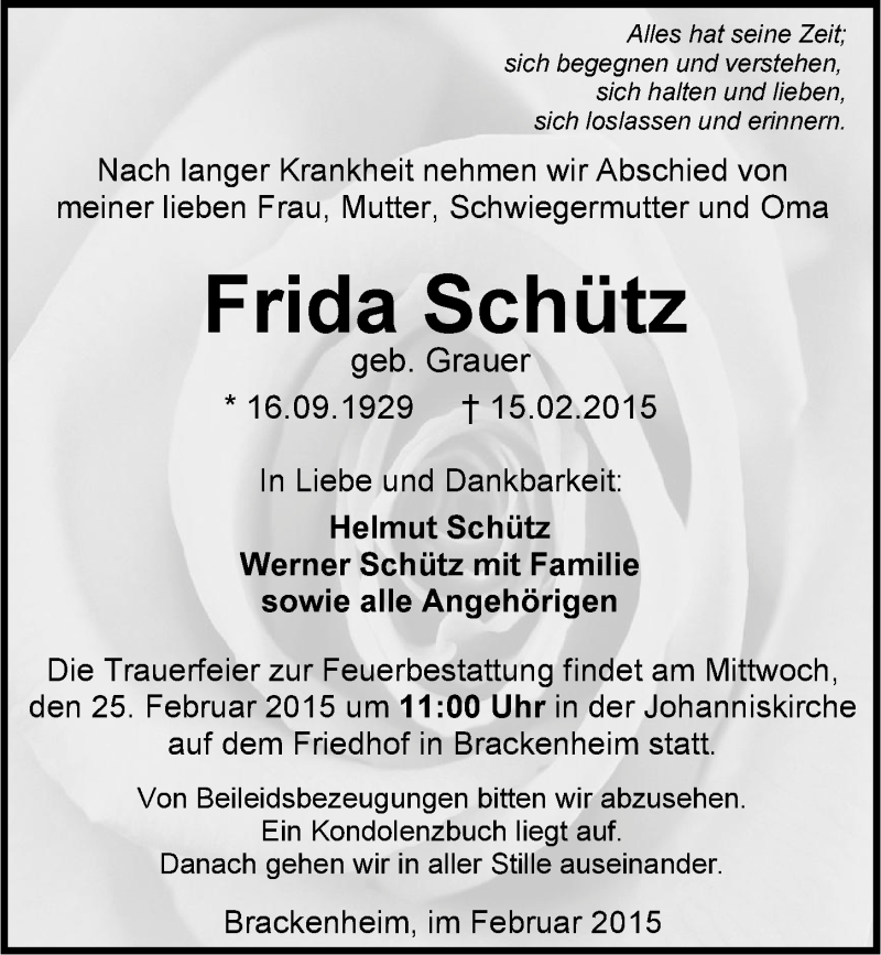  Traueranzeige für Frida Schütz vom 21.02.2015 aus 