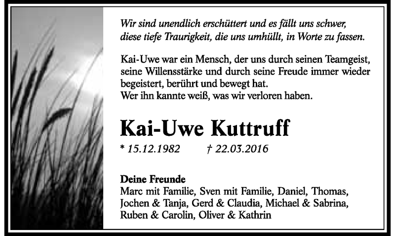  Traueranzeige für Kai-Uwe Kuttruff vom 30.03.2016 aus 