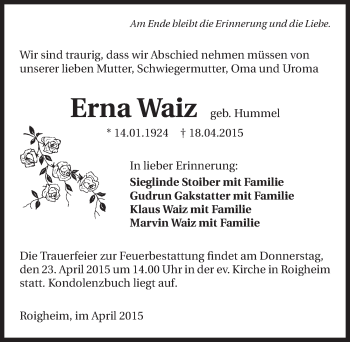 Traueranzeige von Erna Waiz 