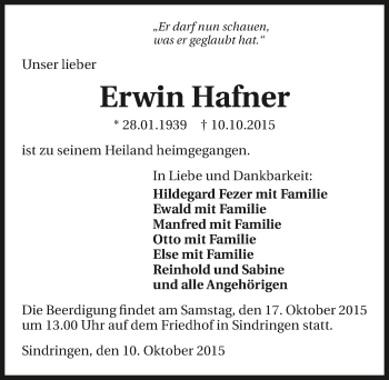 Traueranzeige von Erwin Hafner 