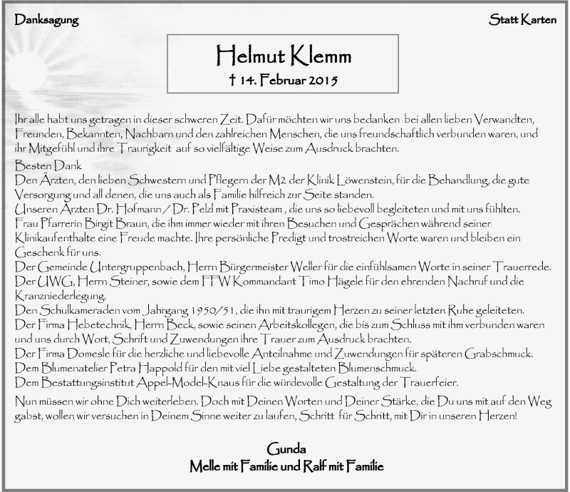  Traueranzeige für Helmut Klemm vom 07.03.2015 aus 