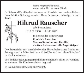 Traueranzeige von Hiltrud Rauscher 