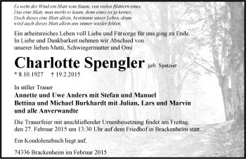 Traueranzeige von Charlotte Spengler 