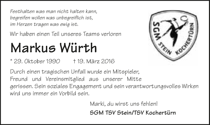  Traueranzeige für Markus Würth vom 26.03.2016 aus 