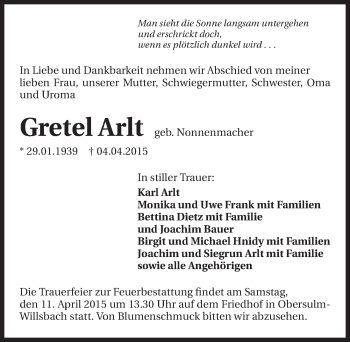 Traueranzeige von Gretel Arlt 