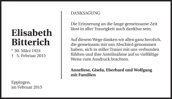 Traueranzeige von Elisabeth Bitterich 