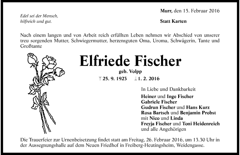  Traueranzeige für Elfriede Fischer vom 20.02.2016 aus 