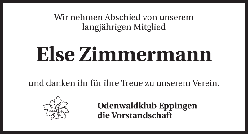 Traueranzeige für Else Zimmermann vom 03.01.2015 aus 