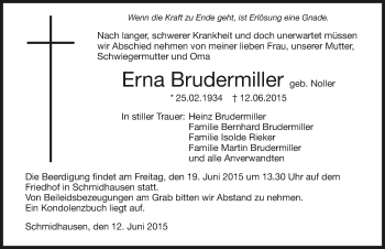 Traueranzeige von Erna Brudermiller 