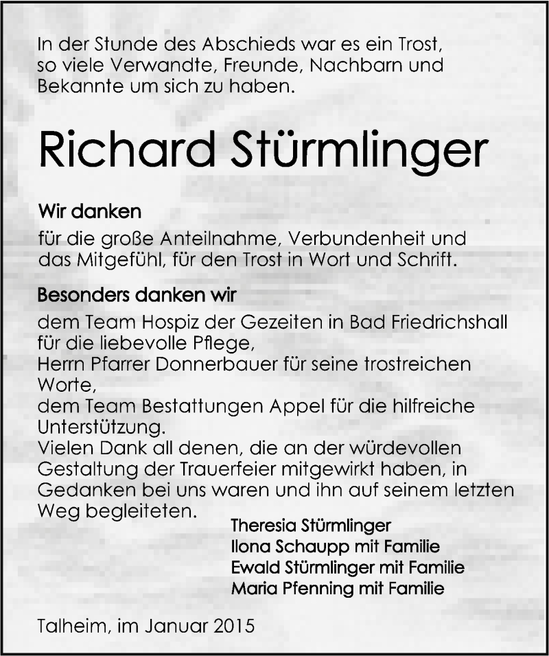  Traueranzeige für Richard Stürmlinger vom 03.01.2015 aus 