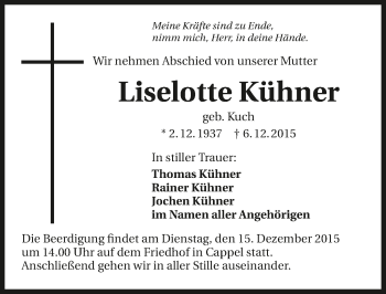 Traueranzeige von Liselotte Kühner 