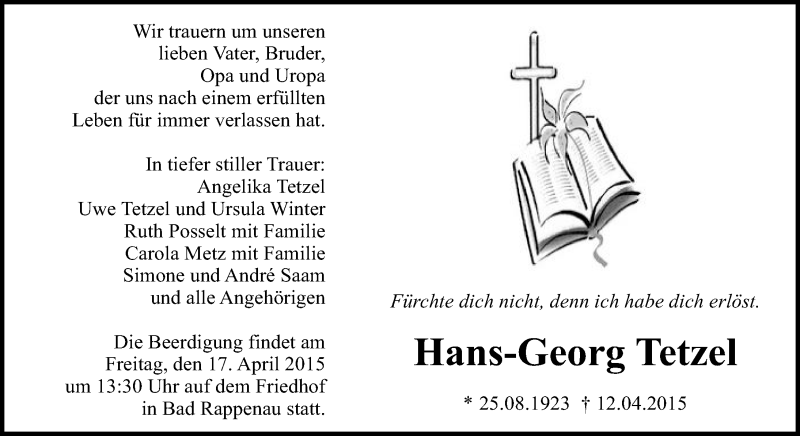  Traueranzeige für Hans-Georg Tetzel vom 14.04.2015 aus 