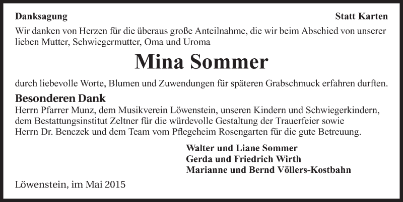  Traueranzeige für Mina Sommer vom 13.05.2015 aus 