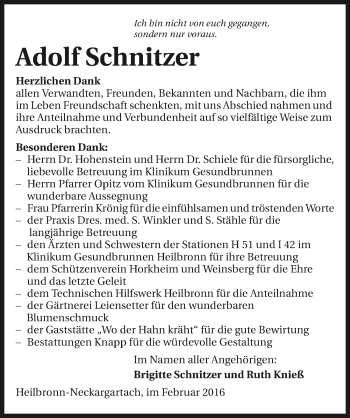 Traueranzeige von Adolf Schnitzer 