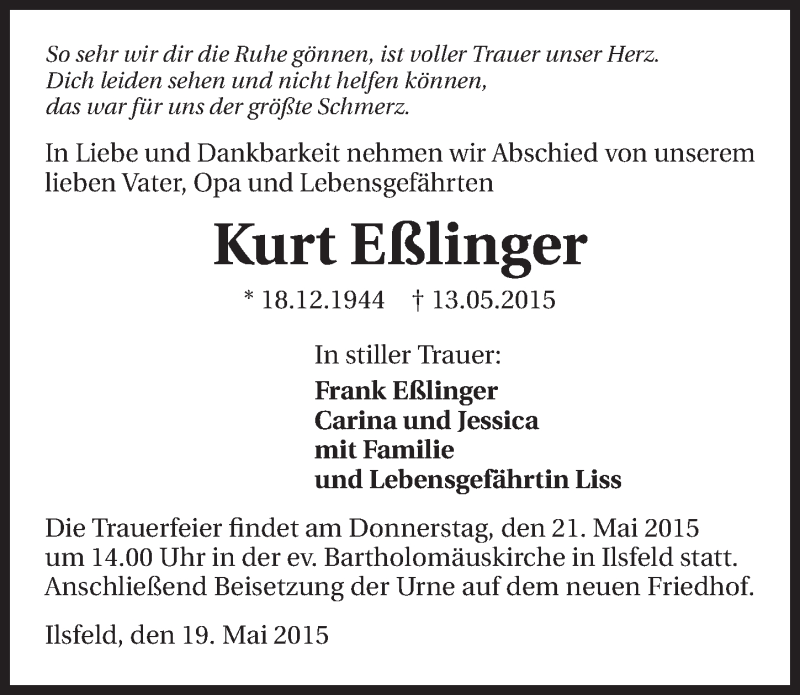  Traueranzeige für Kurt Eßlinger vom 19.05.2015 aus 