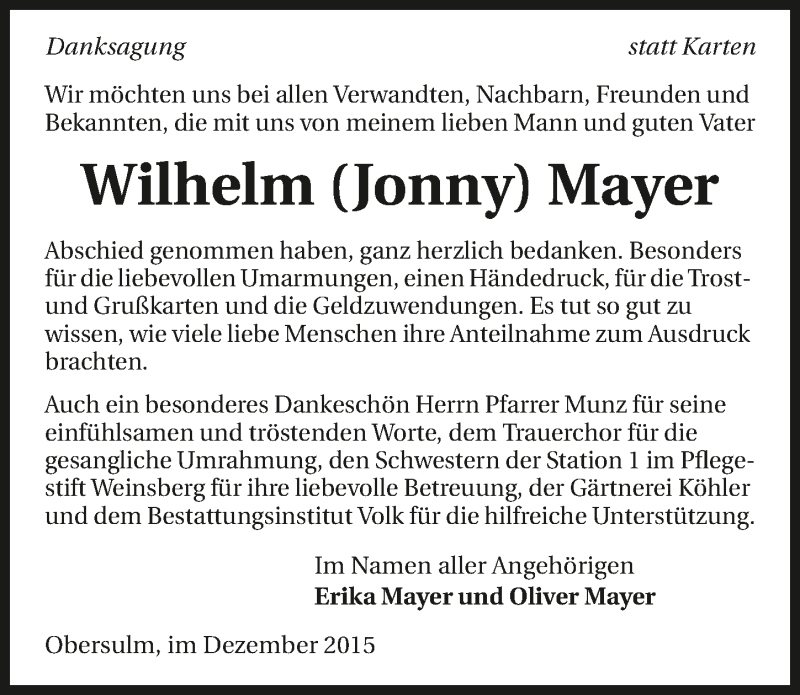 Traueranzeige für Wilhelm Mayer vom 08.12.2015 aus 