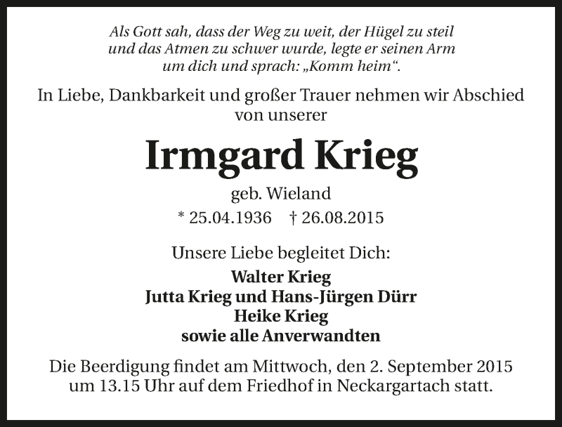  Traueranzeige für Irmgard Krieg vom 29.08.2015 aus 