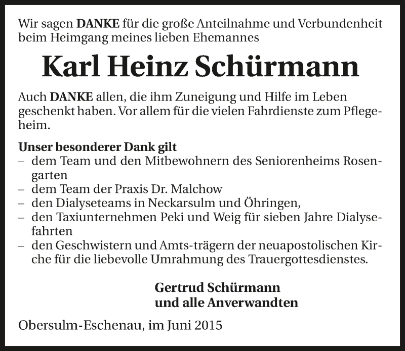 Traueranzeige für KarlHeinz Schürmann vom 20.06.2015 aus 