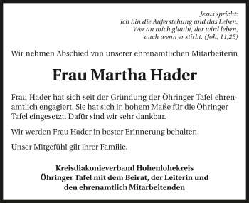Traueranzeige von Martha Hader 