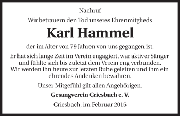 Traueranzeige von Karl Hammel 