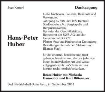 Traueranzeige von Hans-Peter Huber 