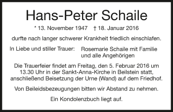 Traueranzeige von Hans-Peter Schaile 