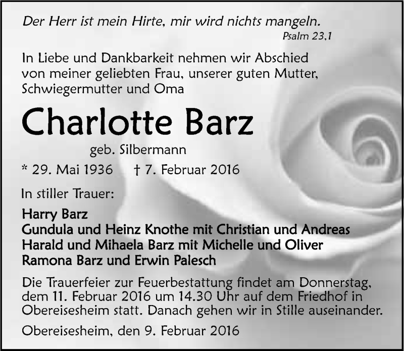  Traueranzeige für Charlotte Barz vom 09.02.2016 aus 