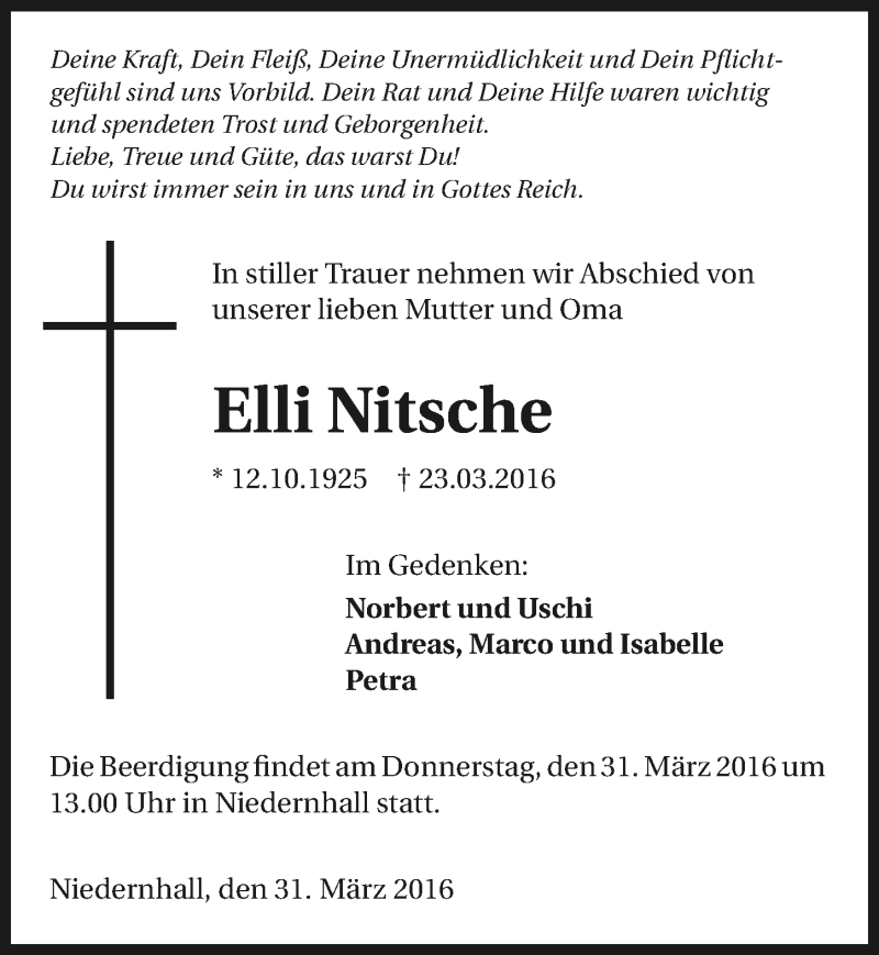  Traueranzeige für Elli Nitsche vom 31.03.2016 aus 