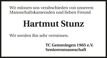 Traueranzeige von Hartmut Stunz 