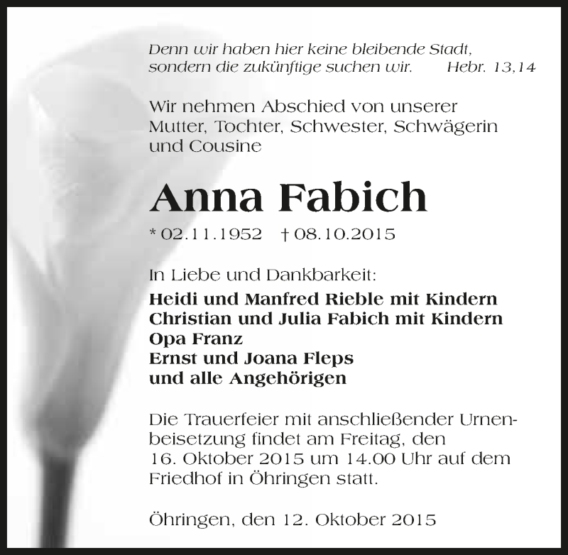  Traueranzeige für Anna Fabich vom 15.10.2015 aus 