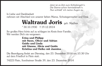 Traueranzeige von Waltraud Joris 